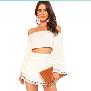SheIn Women's 2 Piece Outfit Fringe Trim Crop Top Skirt Set